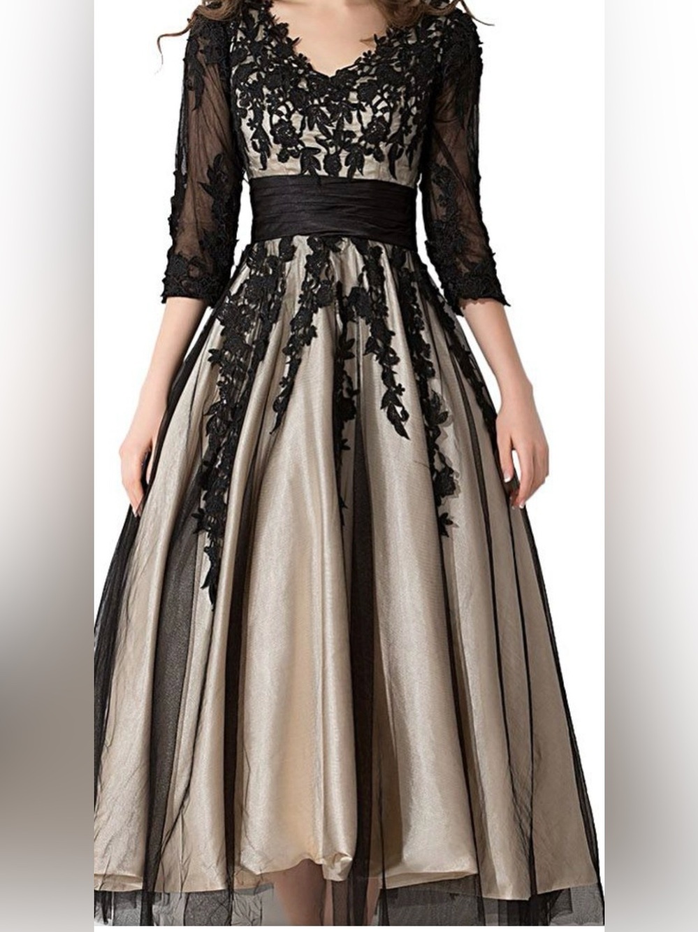 NWT JJ’s House Champagne & Black Lace Embroidered Formal Midi Dress Size 10